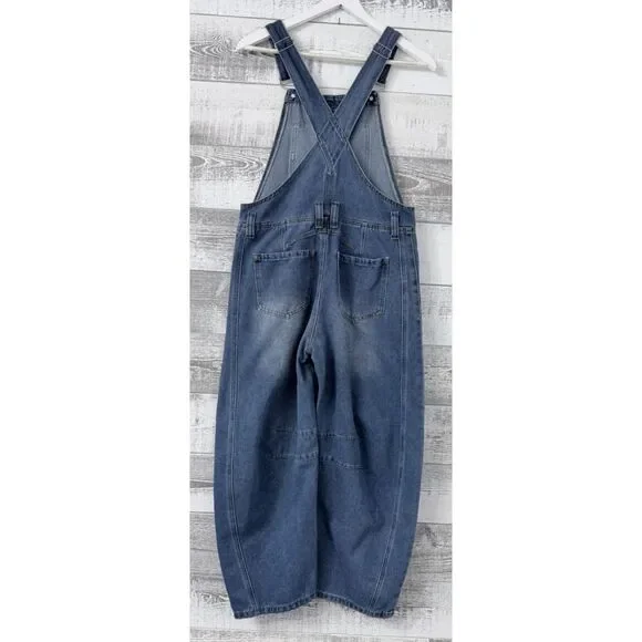 Women's Denim Cropped Overalls Size XS (Fit 33x24) Wide Leg Blue Jean - Picture 2 of 11